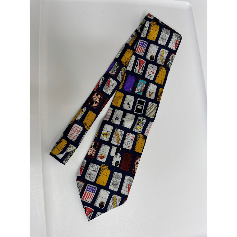 Mens Navy Blue‎ Zippo Lighter Silk Jacquard Necktie Tie